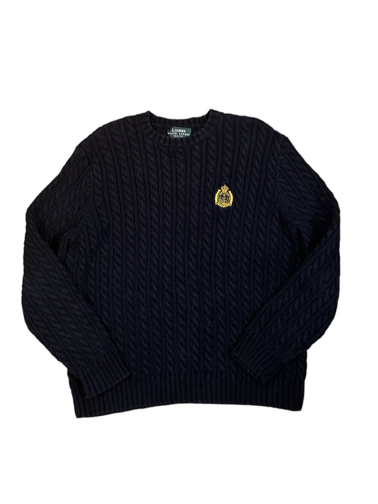 RALPH LAUREN Navy Embroidered Crest Cableknit Sweater