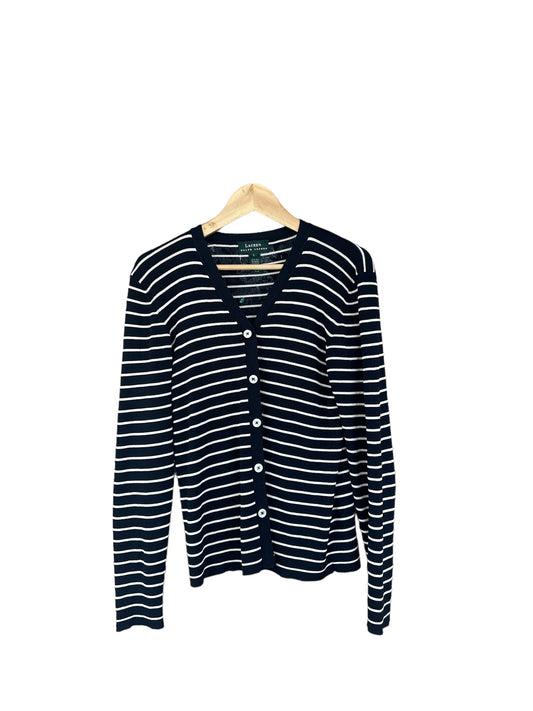 RALPH LAUREN Navy Striped Silk Knit Cardigan Sweater