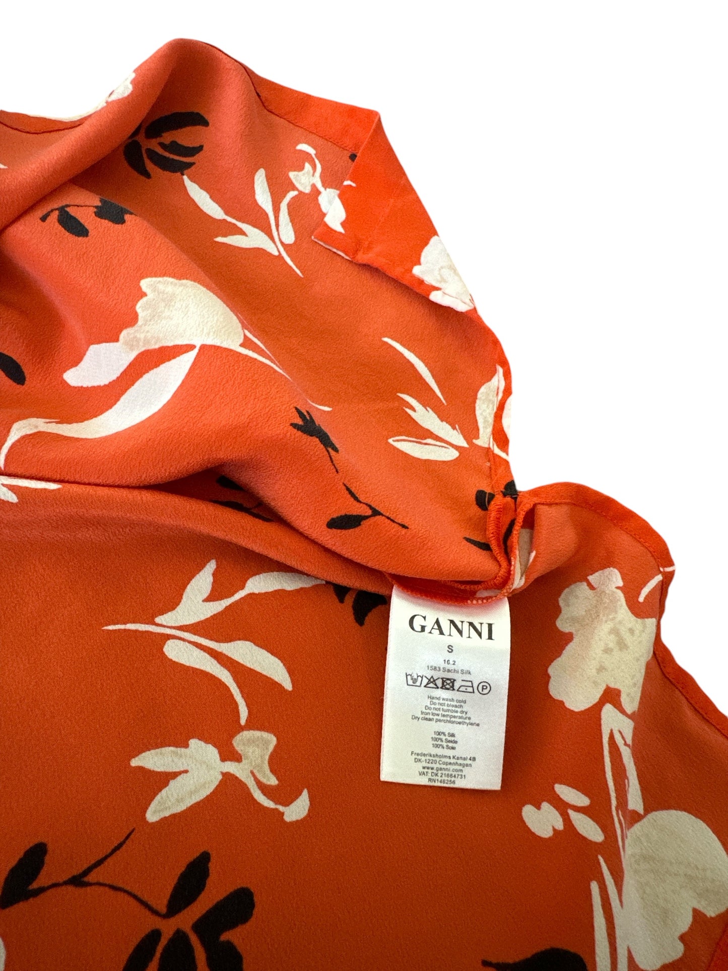 GANNI Orange Floral Sachi Silk Sleeveless Blouse