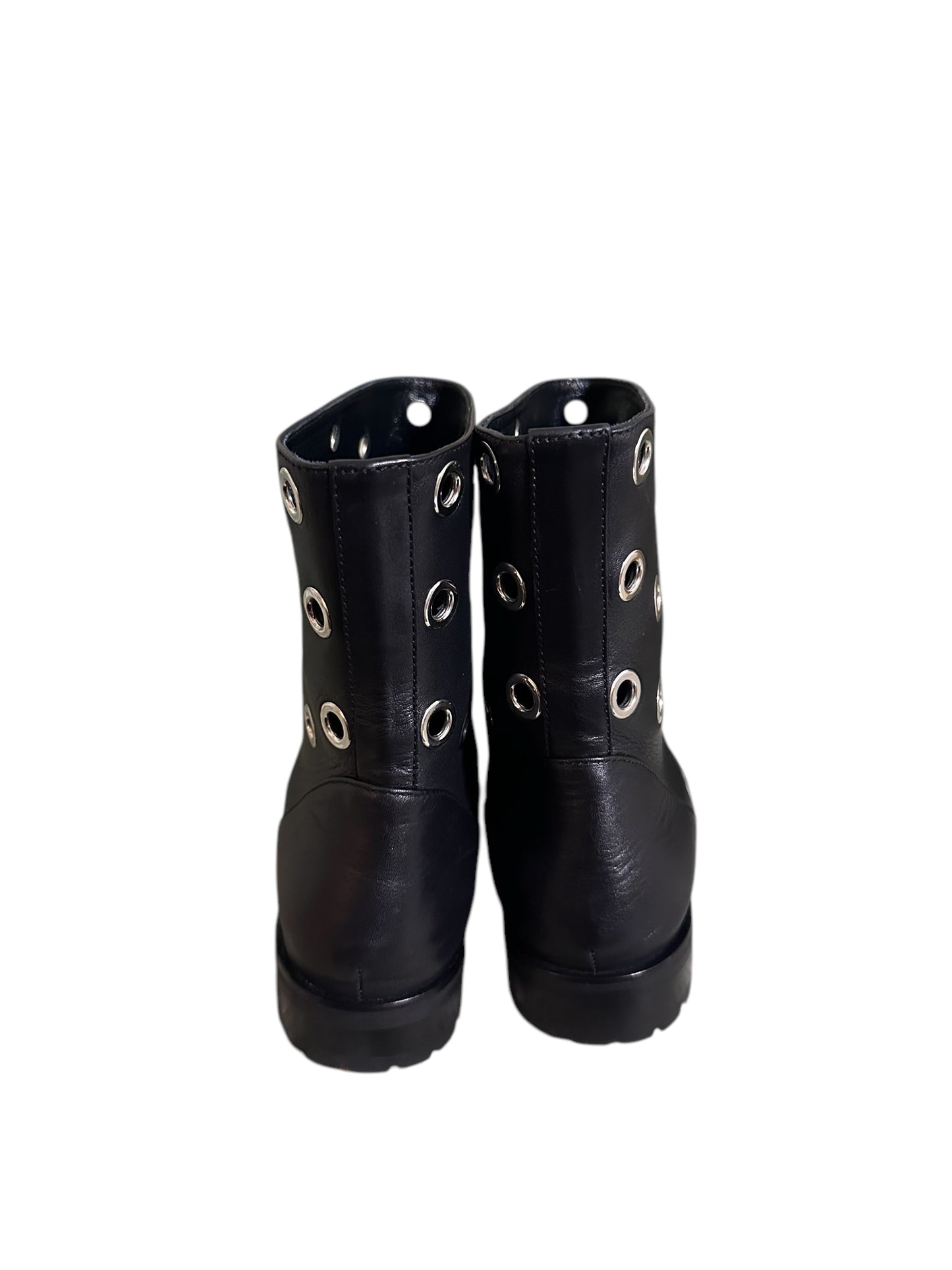 MANOLO BLAHNIK Black Leather Grommet Boots