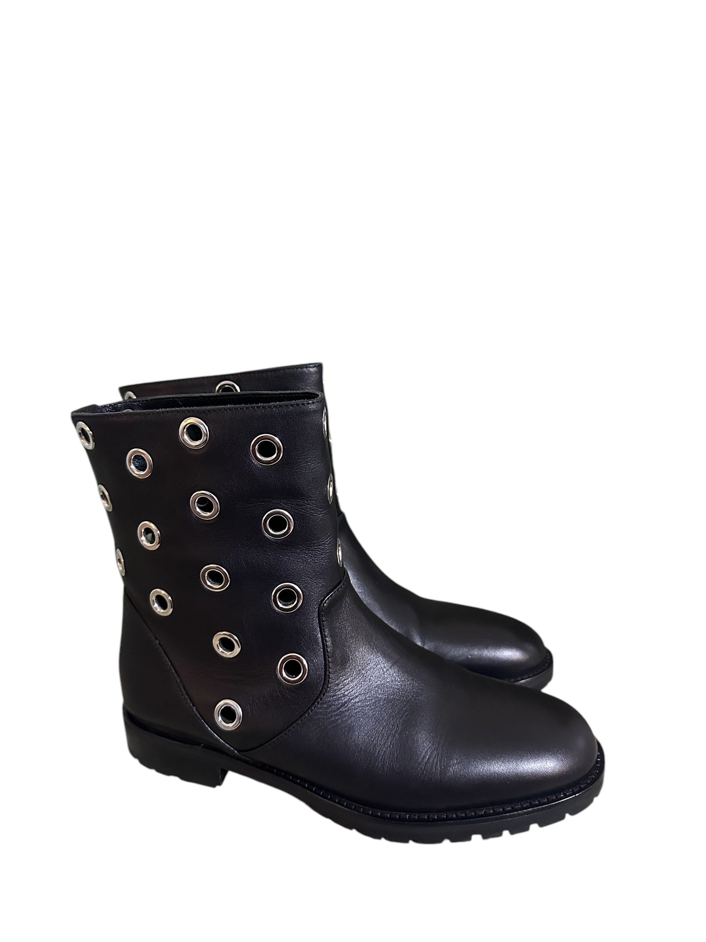 MANOLO BLAHNIK Black Leather Grommet Boots