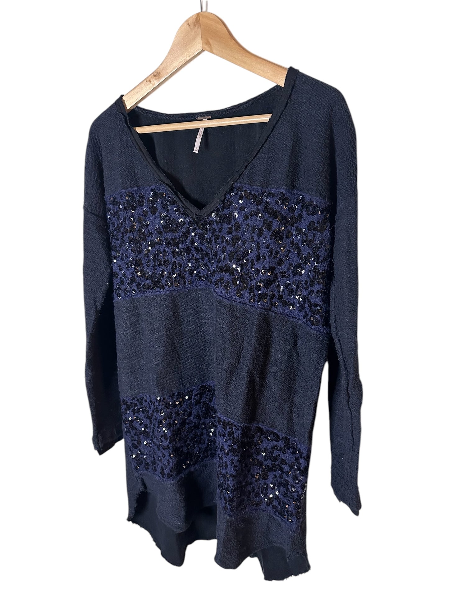 FREE PEOPLE Navy Sequin Striped V-Neck Oversized Sweater