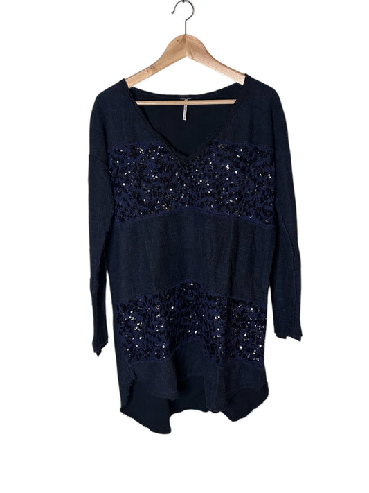 FREE PEOPLE Navy Sequin Striped V-Neck Oversized Sweater