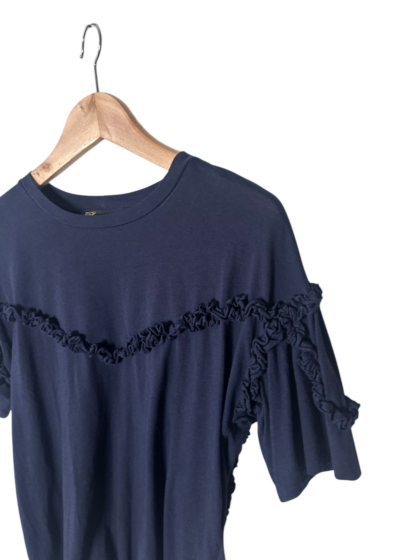 MAJE Navy Ruffle Short Sleeve Top