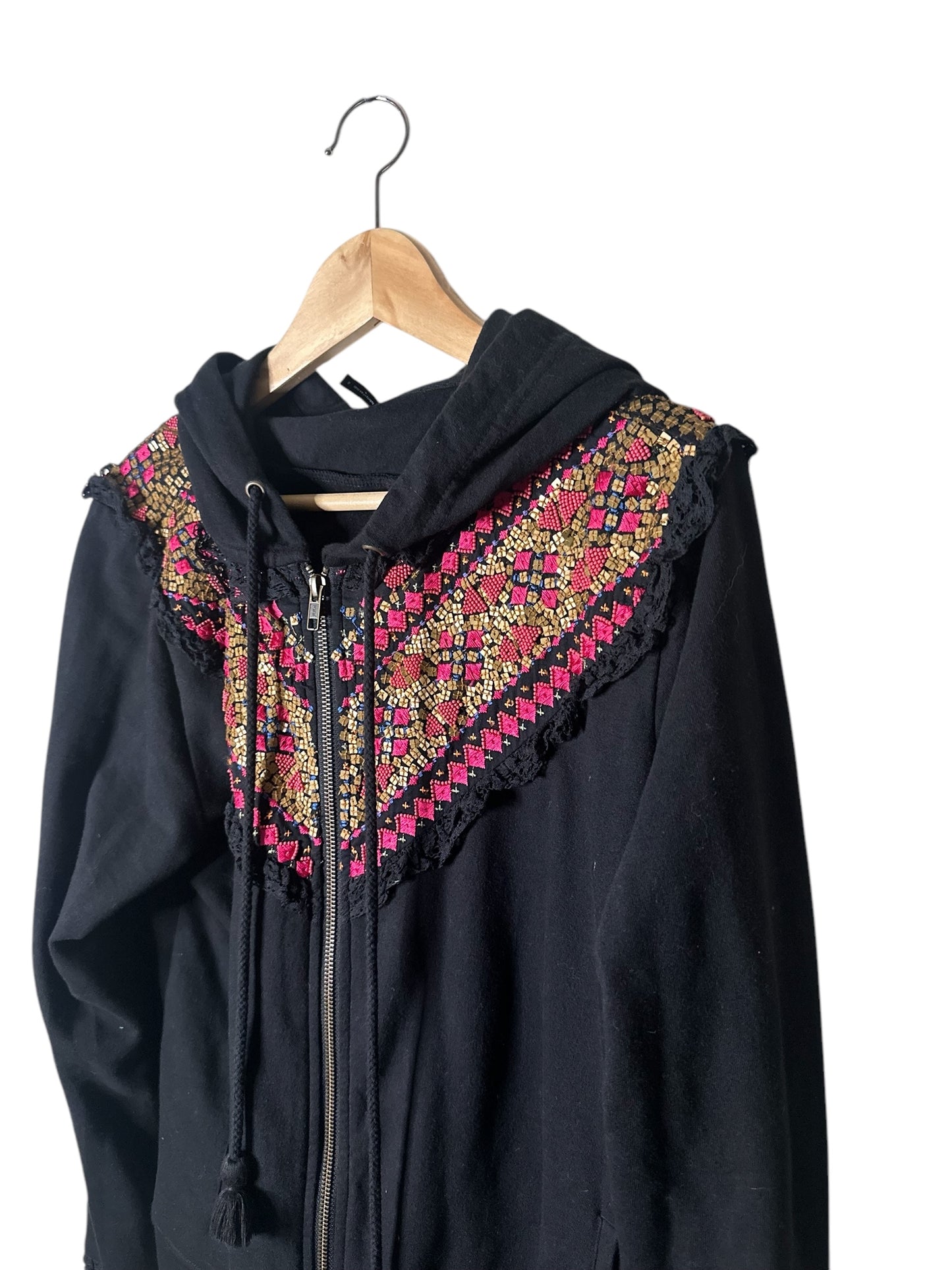 ANTHROPOLOGIE Black Embroidered Zip Up Hoodie