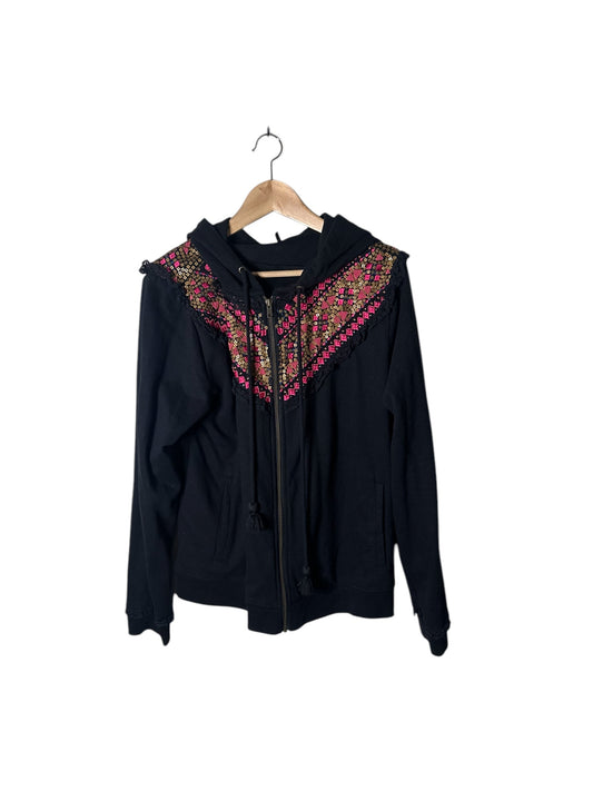 ANTHROPOLOGIE Black Embroidered Zip Up Hoodie