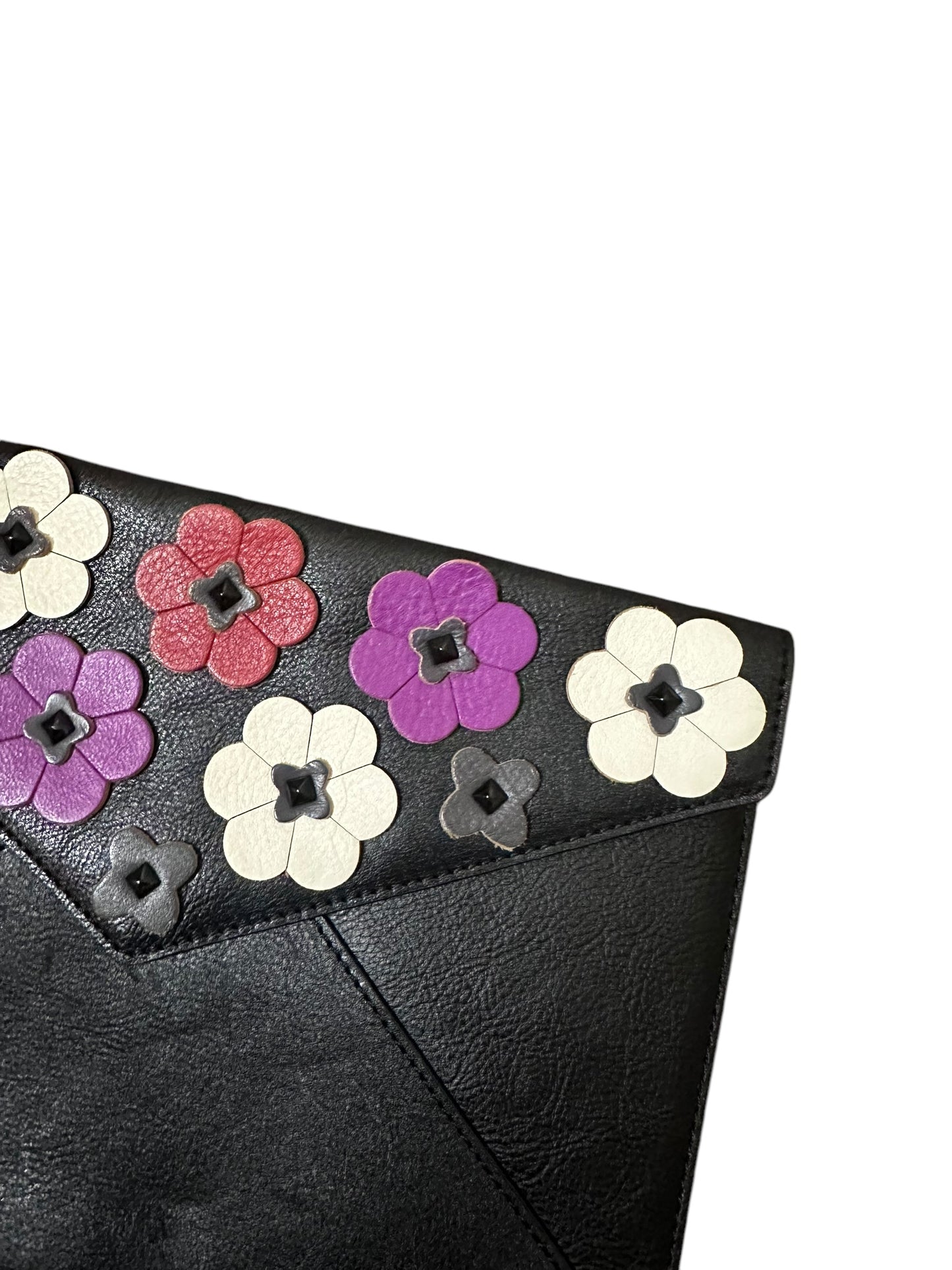 REBECCA MINKOFF Black Leather Large Flower Envelope Clutch