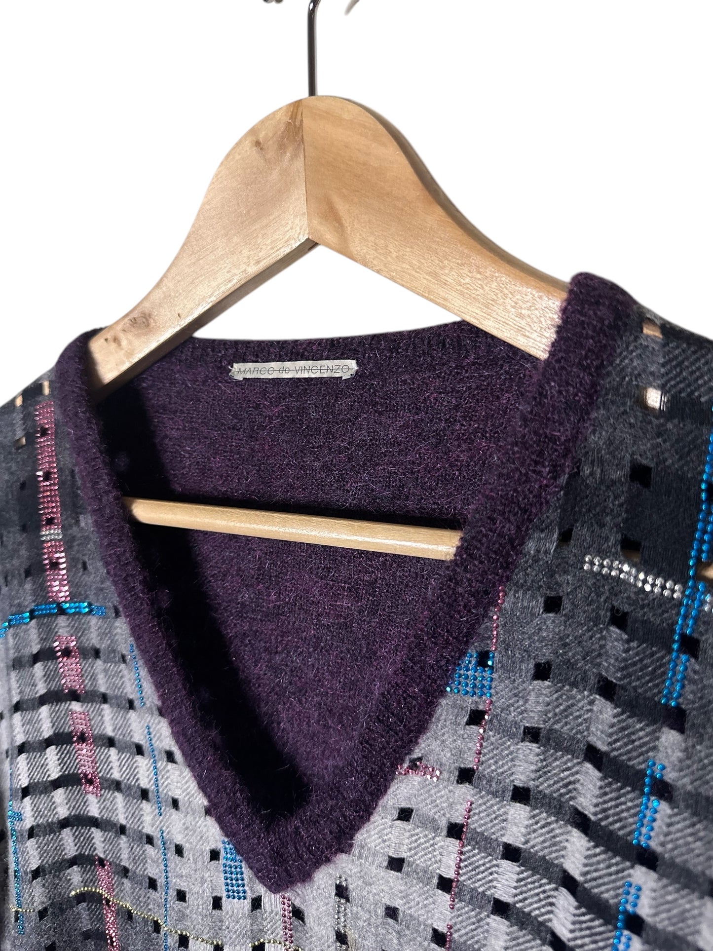 MARCO DE VINCENZO Purple Mohair Cut Out Plaid. Sweater