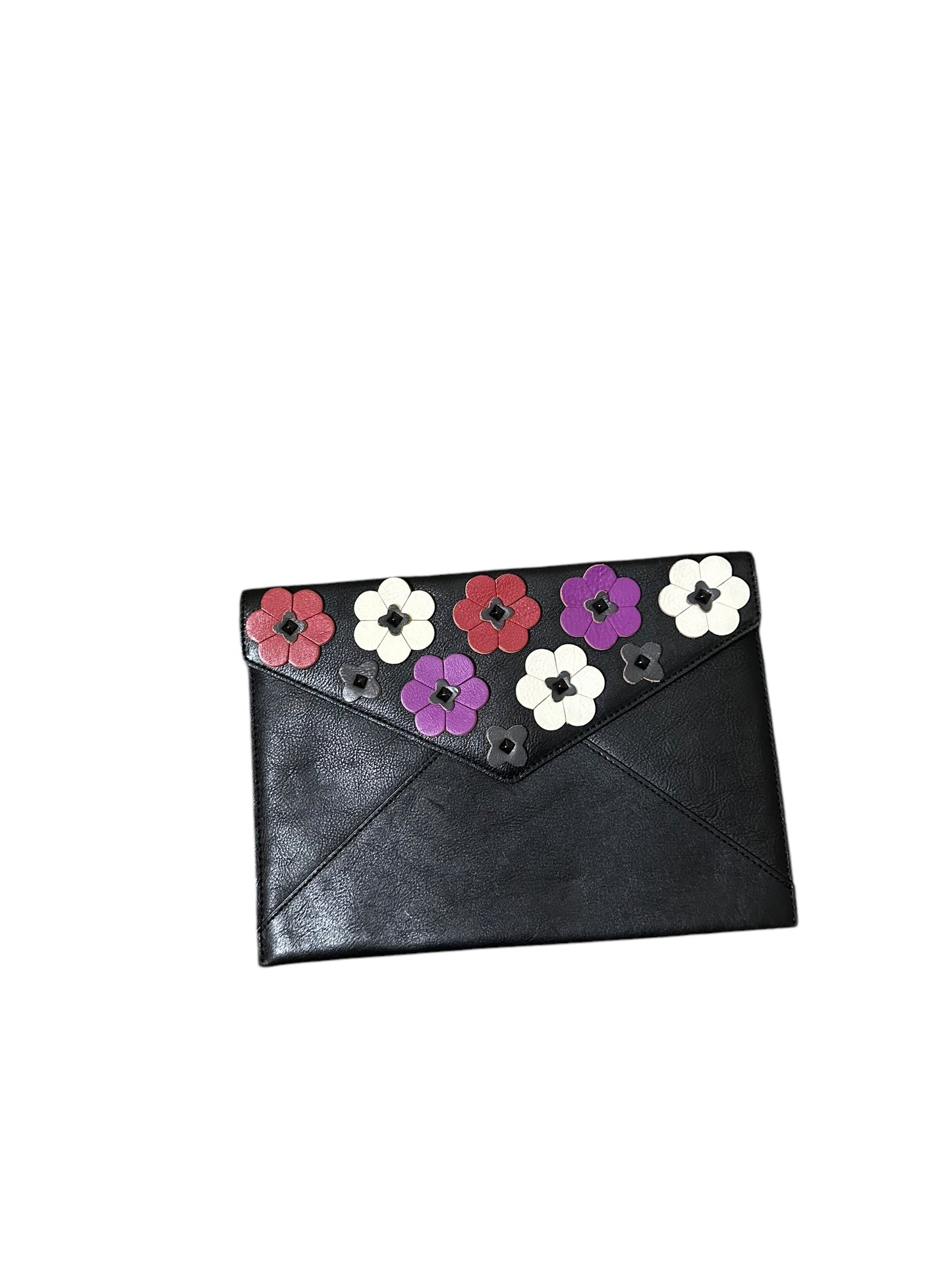 REBECCA MINKOFF Black Leather Large Flower Envelope Clutch