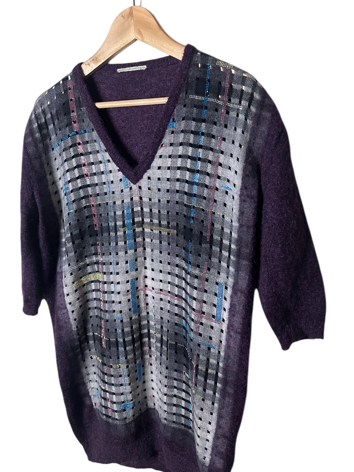 MARCO DE VINCENZO Purple Mohair Cut Out Plaid. Sweater