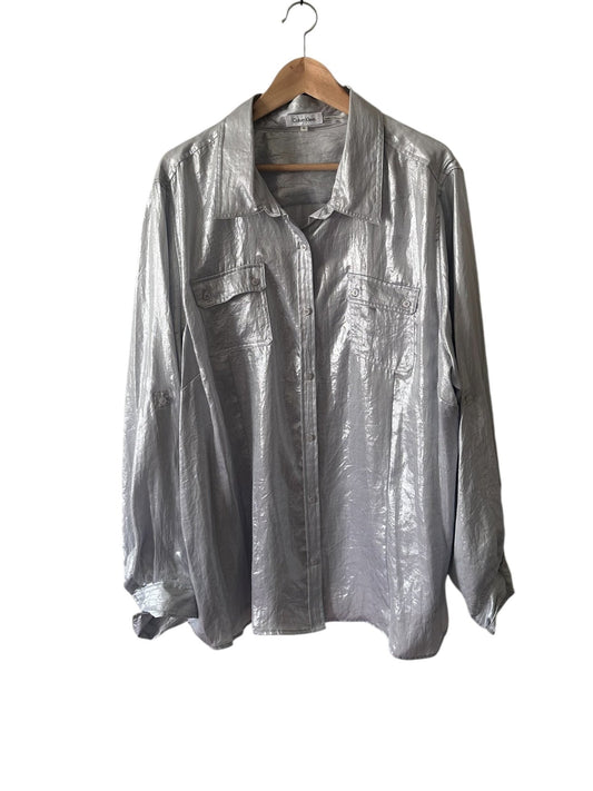 CALVIN KLEIN Metallic Silver Button Down Blouse